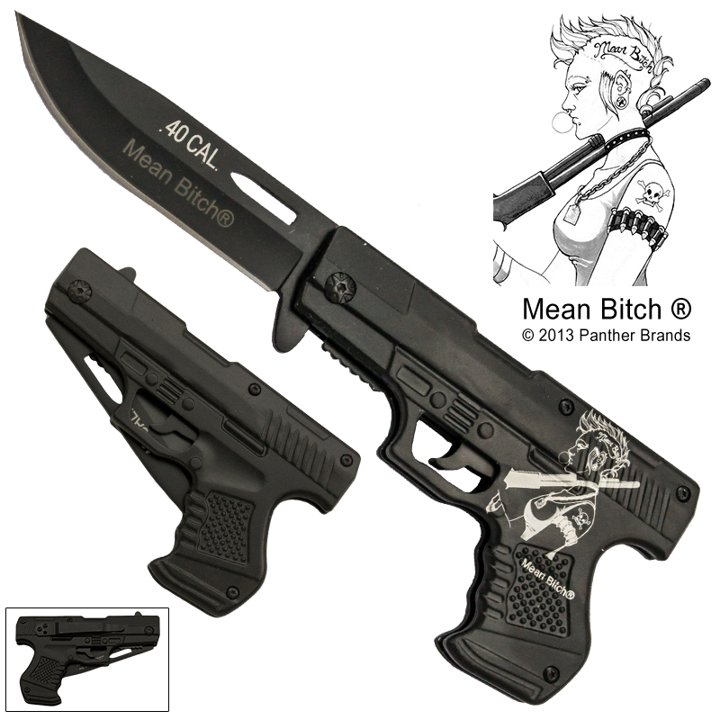 Mean Bitch Spring Assisted Gun Pistol Knife, Black