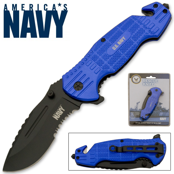 Official U.S. Navy Tactical Spring Assisted Rescue Knife, Blue