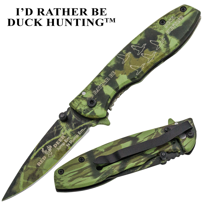 Rather Be Duck Hunting Spring Assisted Red Deer Knife, Green Camo