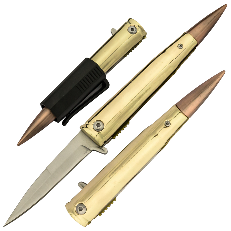 Spring Assisted Bullet Knife with Removable Pocket Clip, Gold
