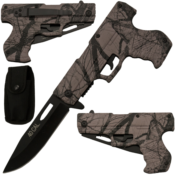 Spring Assisted Gun Pistol Knife - Camo 3