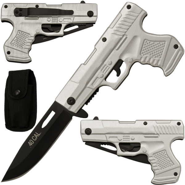 Spring Assisted Gun Pistol Knife - Silver