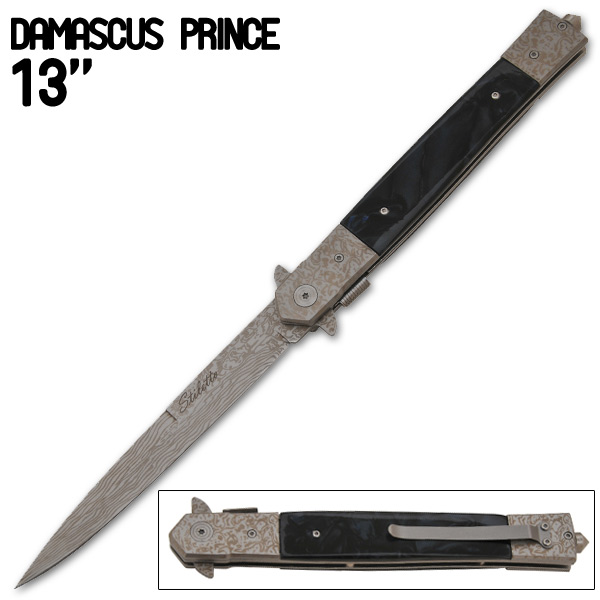 13 Inch "Damascus Prince" stiletto style Style Knife (Black Diamond) IT-613-26