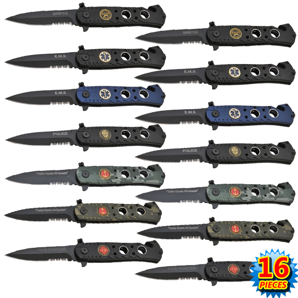 16 PC 9 Inch Tactical Trigger Assisted Folding Knife Set (Assorted Styles) P-529-16