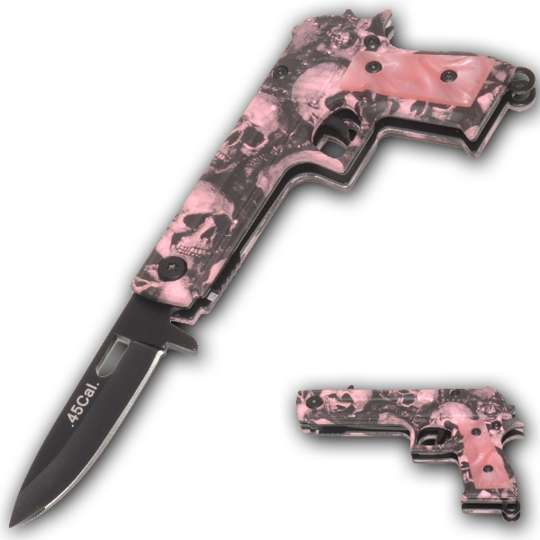 45 Cal Trigger Assisted Knife - Pink Skull CS-1911-SK-PK