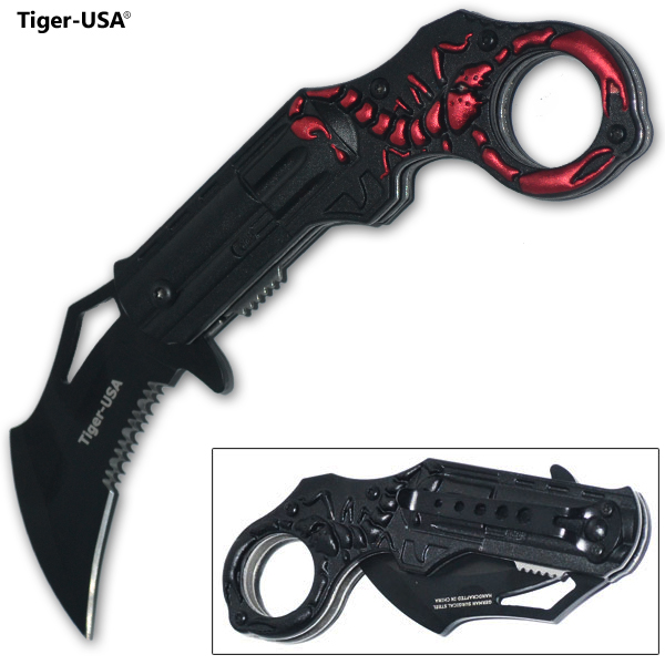 6.5 Inch Tiger-USA Scorpion Gun Sting Blast Trigger Knife Red PA0209-BK-RD