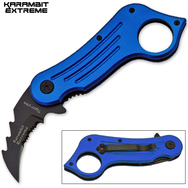 6.75 Inch Mini Combat Karambit Trigger Assisted Knife (Blue) HK-007-BL