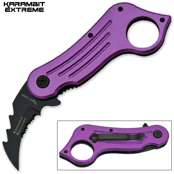 6.75 Inch Mini Combat Karambit Trigger Assisted Knife (Purple) HK-007-PP