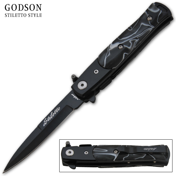 7.25 Inch Godfather stiletto style Style Folding Knife w/ Clip - Black Pearl P-110-BW