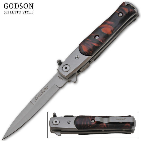 7.25 Inch Godfather stiletto style Style Folding Knife w/ Clip - Brown Pearl P-110-BR