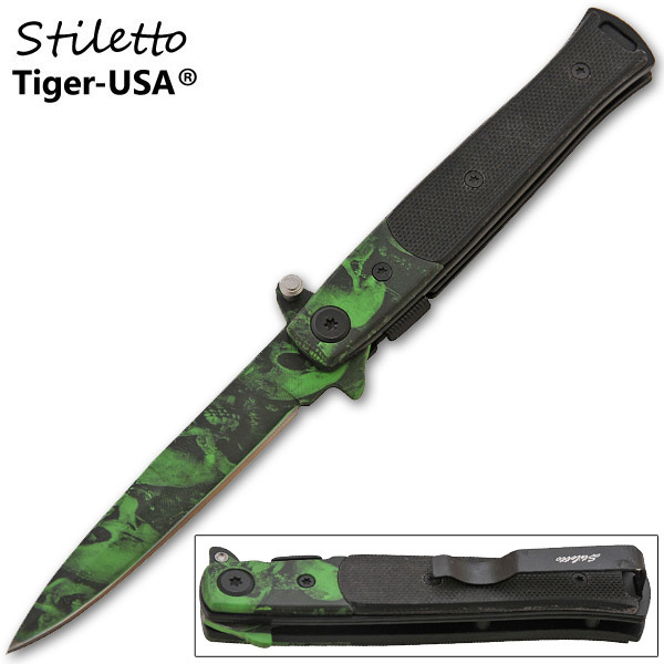 7.75 Inch Z-Slayer Mini Stiletto Knife - Skull Green P-110-SK-GR