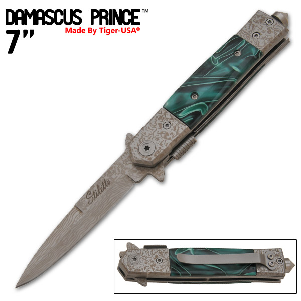 7 Inch "Damascus Prince" stiletto style Style Knife (Green) IT-607-27