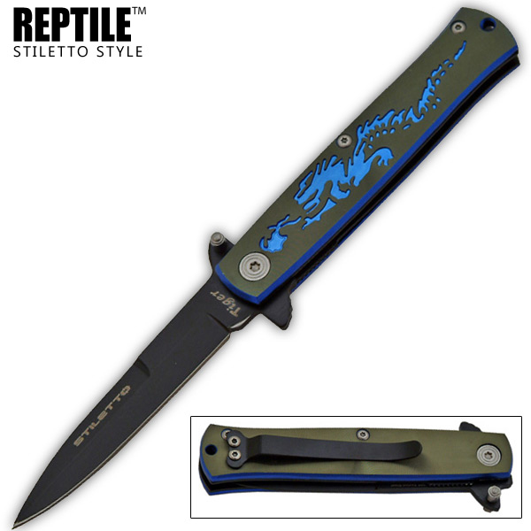 7 Inch Dragon stiletto style Style "Tiger USA" Trigger Assisted Folder-Blue P-98-DR-BL