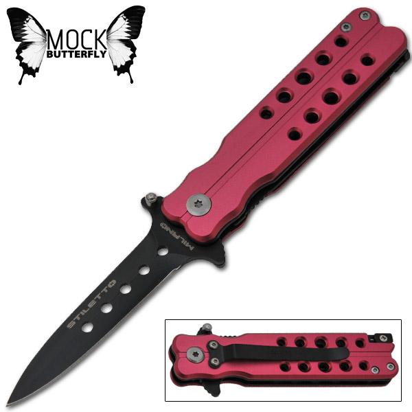 7 Inch Mini stiletto style Butterfly Knife Style Folding Knife - Pink S-2069-PN