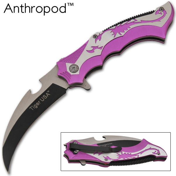 8.5 Inch Tiger-USA Karambit Trigger Assisted Knife - Purple/Silver K-396-PPS