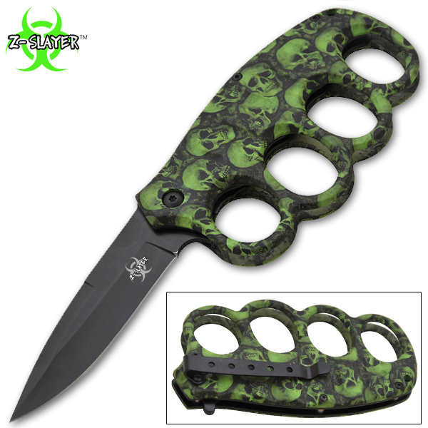 8 Inch Matrix Extreme Trigger Assisted Trench Knife (Skull Green) K-14-SK-GR
