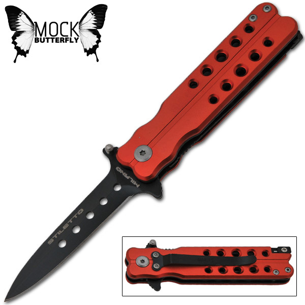 8 Inch stiletto style Butterfly Knife Style Folding Knife - Red M-2069-RD