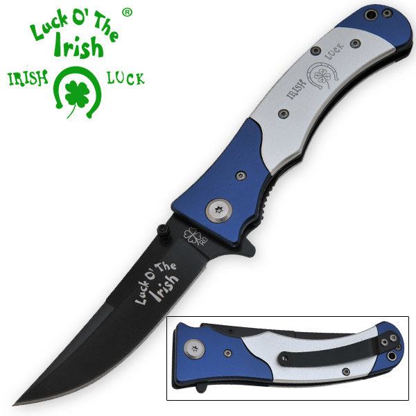 8 Inch Trigger Assisted Knife "Luck O' The Irish" Folder - Blue IR-2014