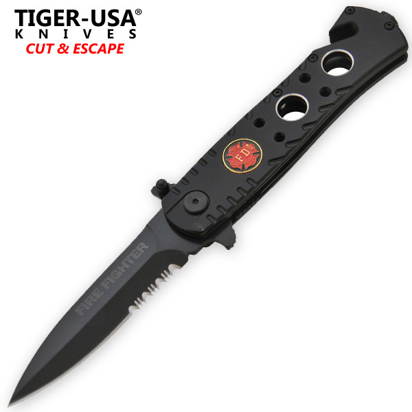 9 Inch Black Fire Fighter Tactical Action Assisted Folding Knife P-529-FBK