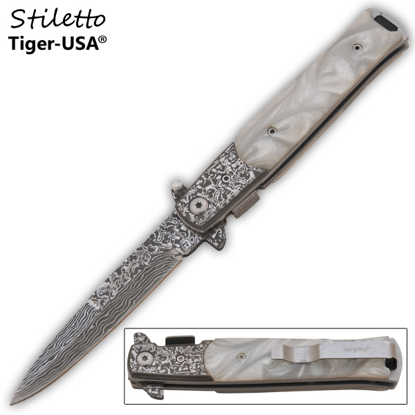 9 Inch Godfather Style stiletto style Folding Knife- Damascus Pearl P-109-DPE