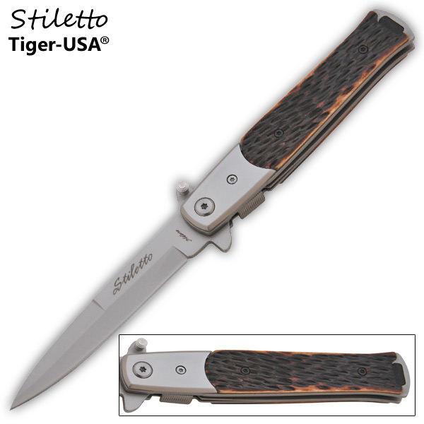 9 Inch Godfather Style stiletto style Folding Knife- Imitation Bone Handle P-109-BOF