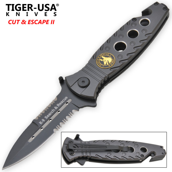 9 Inch Grey K-9 Tactical Trigger Assisted Folding Knife-1 P-569-K-9-G