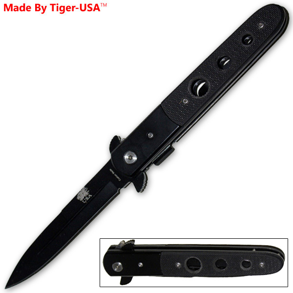 9 Inch stiletto style Style Folding Knife W/ Blood Groove - G-10 Handle P-023-BBK