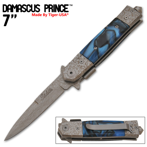 Damascus Prince stiletto style Style Knife (Blue Crush) IT-607-21