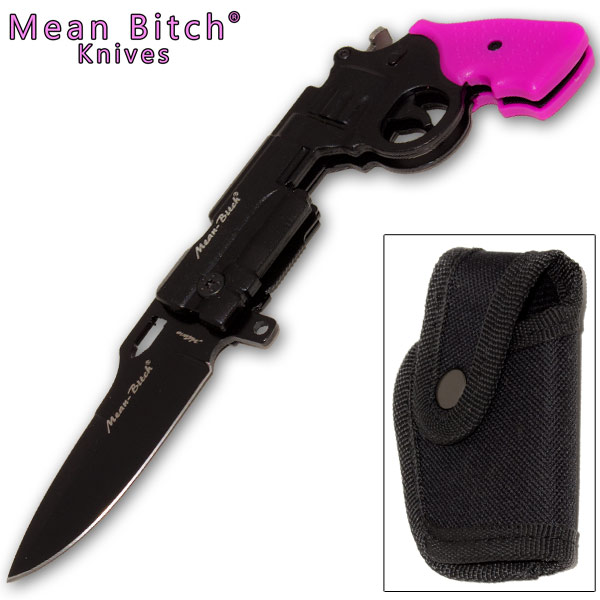 Mean Bitch Bad Pink Pistol Knife KS-1314-PK