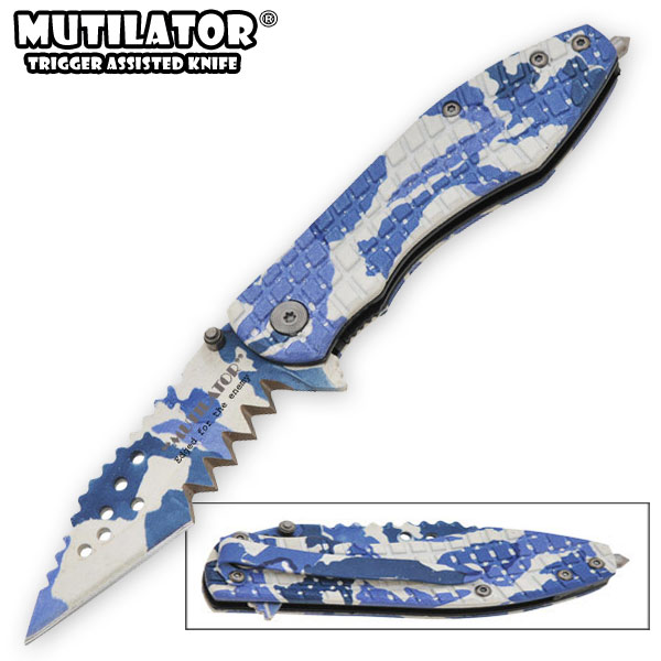 The Mutilator - Trigger Assisted Knife - Blue w/ White Camo SX-2009