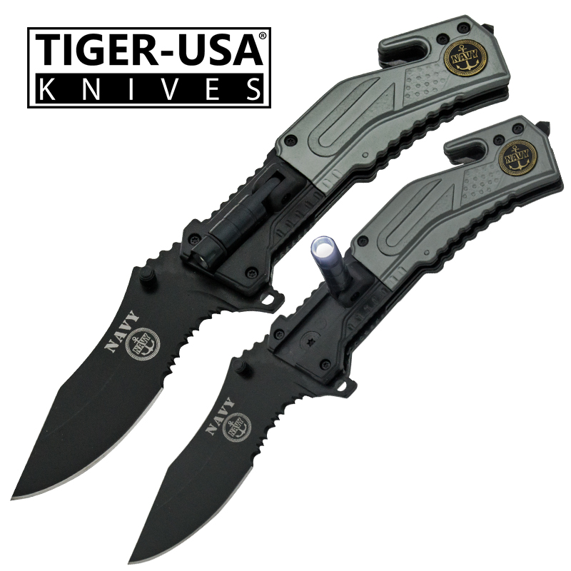 Spring Assisted LED Flash Light Tactical Knife, Gray