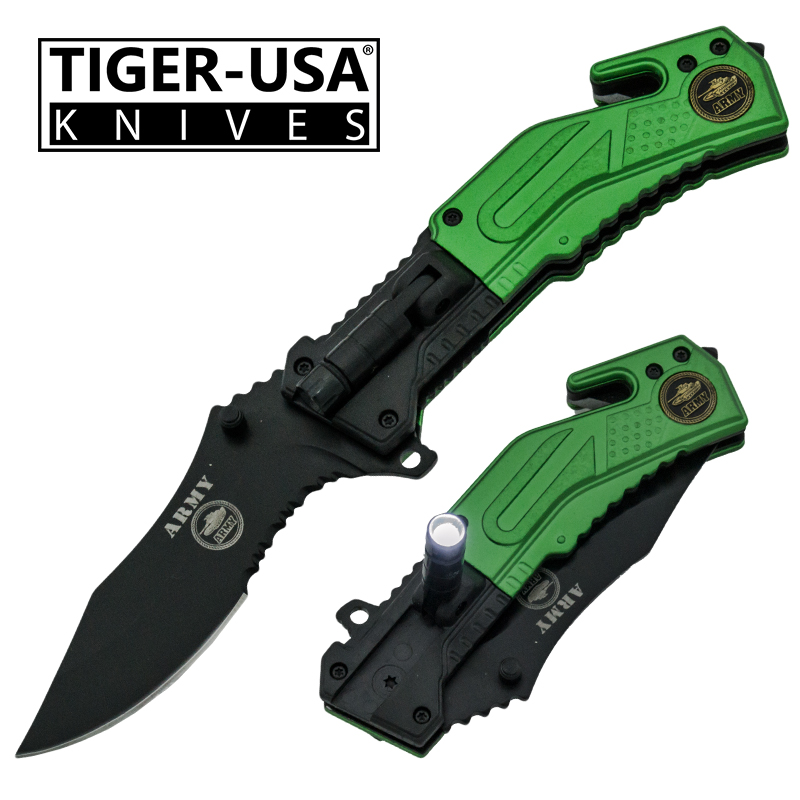 Spring Assisted LED Flash Light Tactical Knife, Green-AR