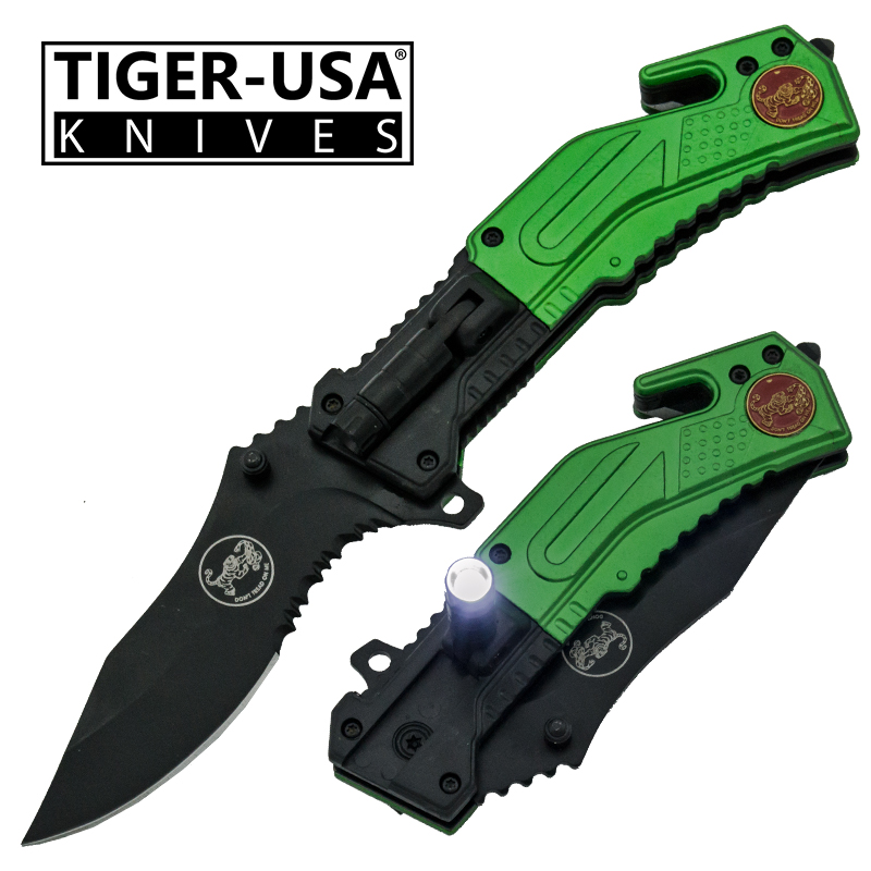 Spring Assisted LED Flash Light Tactical Knife, Green