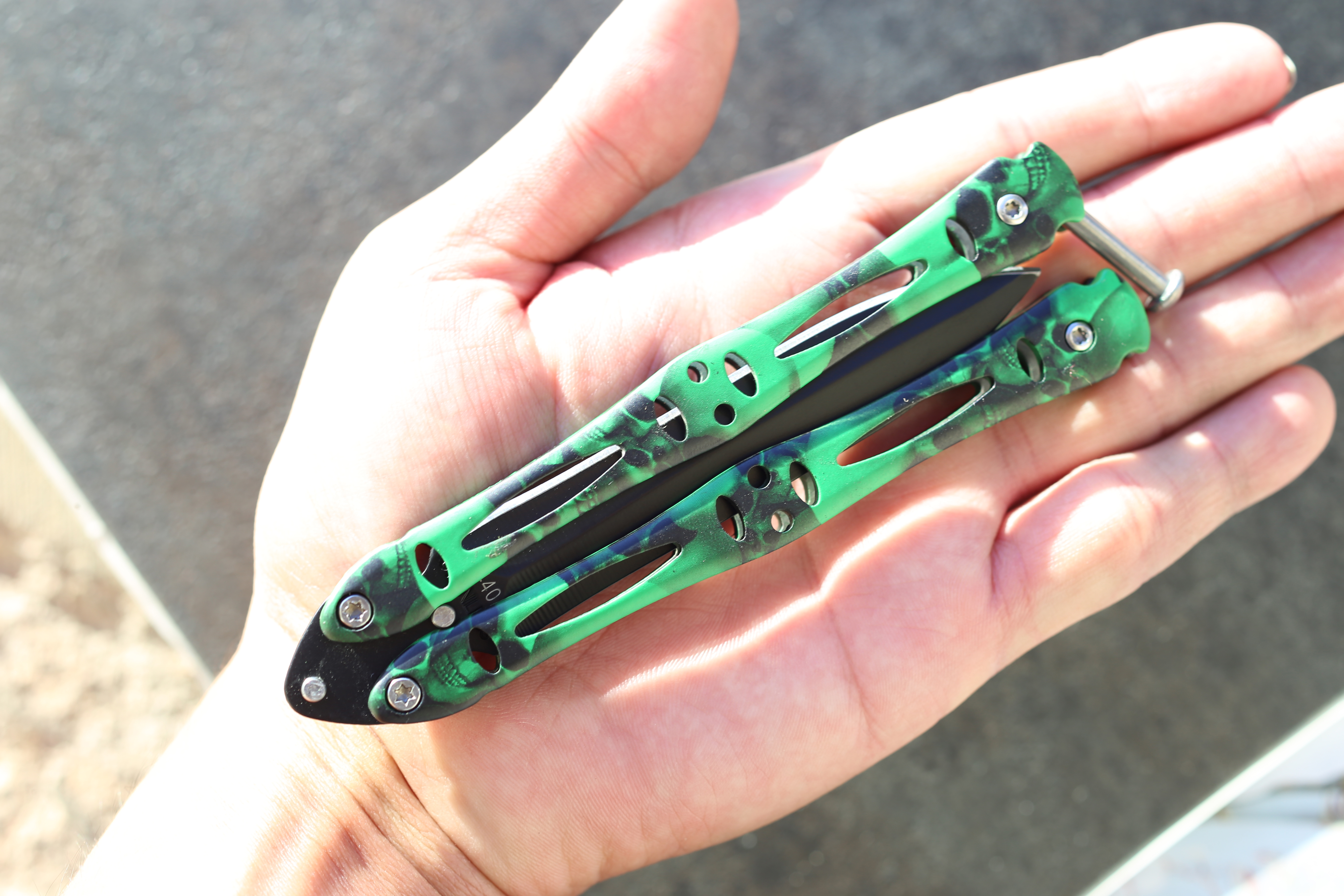 Tactical Butterfly Knife, Green Skull