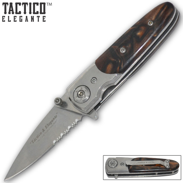 Tactico & Elegante - Spring Assisted Knife, Silver/Brown