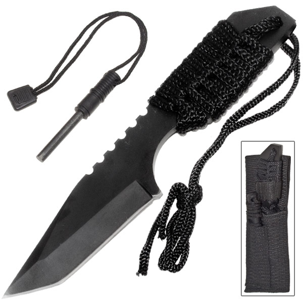 Black Throwing Knife W/ Paracord and Firestarter and Sheath K-1050-2BK
