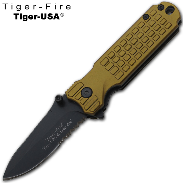 Tiger-Fire Spring Assisted Folding Knife, Gold /Green