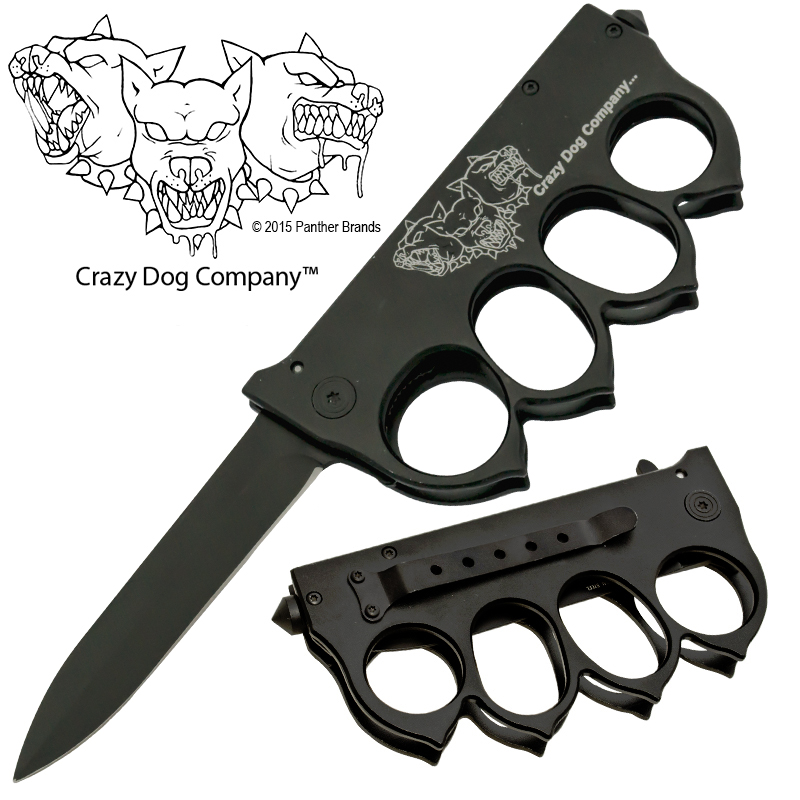Triple Headed Dog Trench Knuckle Knife Spring Assisted Folder,Black