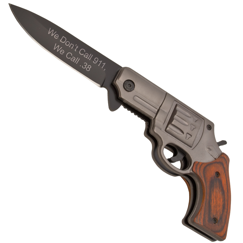 We Don't Call 911 Pistol Knife - Wood, Grey