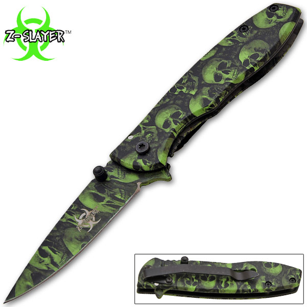 Z-Slayer Spring Assisted Knife, Green Skulls