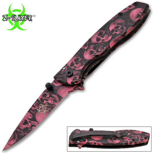 Z-Slayer Spring Assisted Knife, Pink Skulls-PK