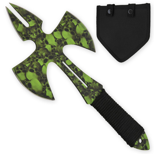 Green Skull Medieval Style Throwing Axe - Comes With Wearable Sheath Z-1031-GR-SK-S